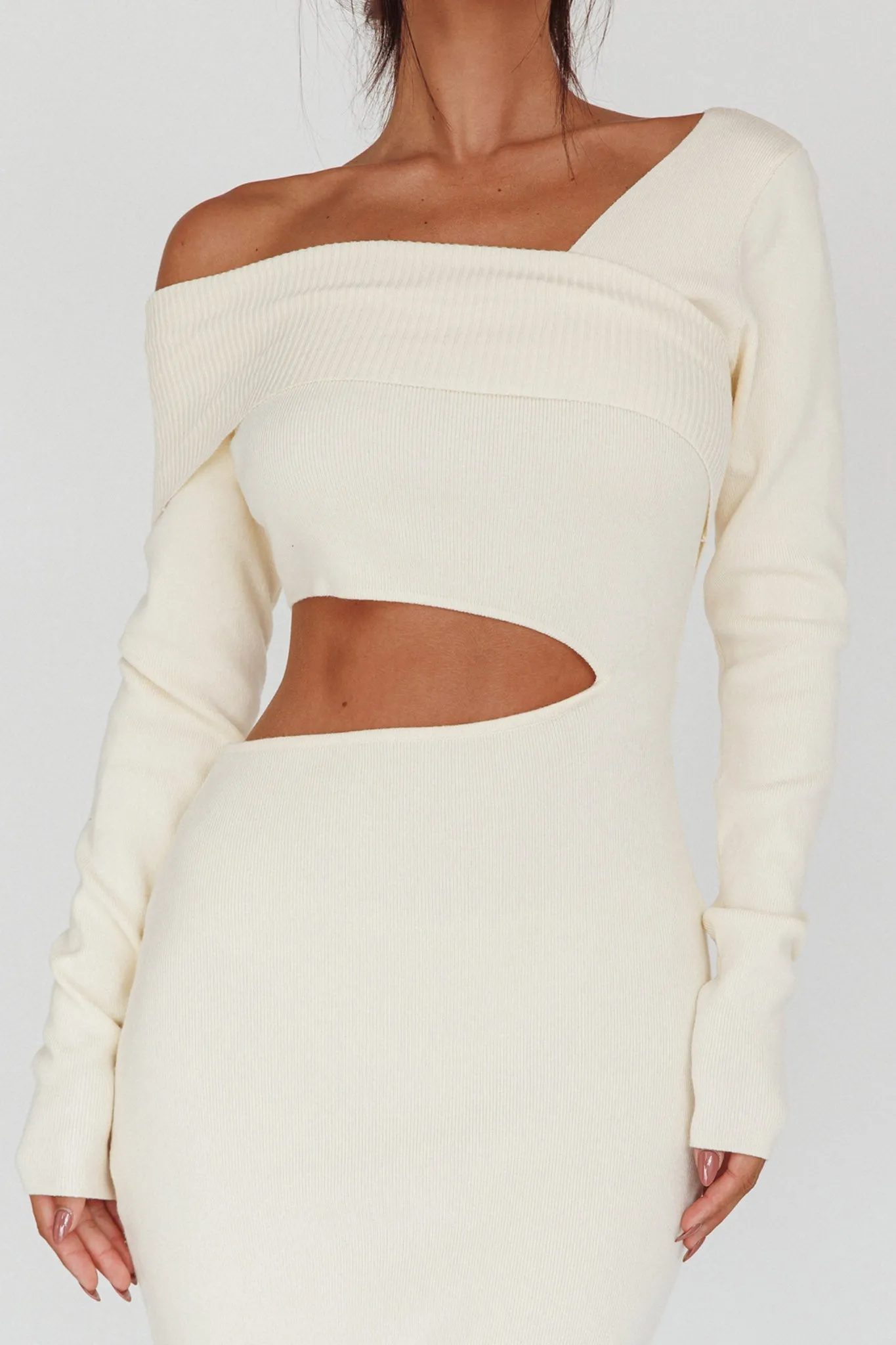 Tamar Long Sleeve One-Shoulder Midi Dress Cream