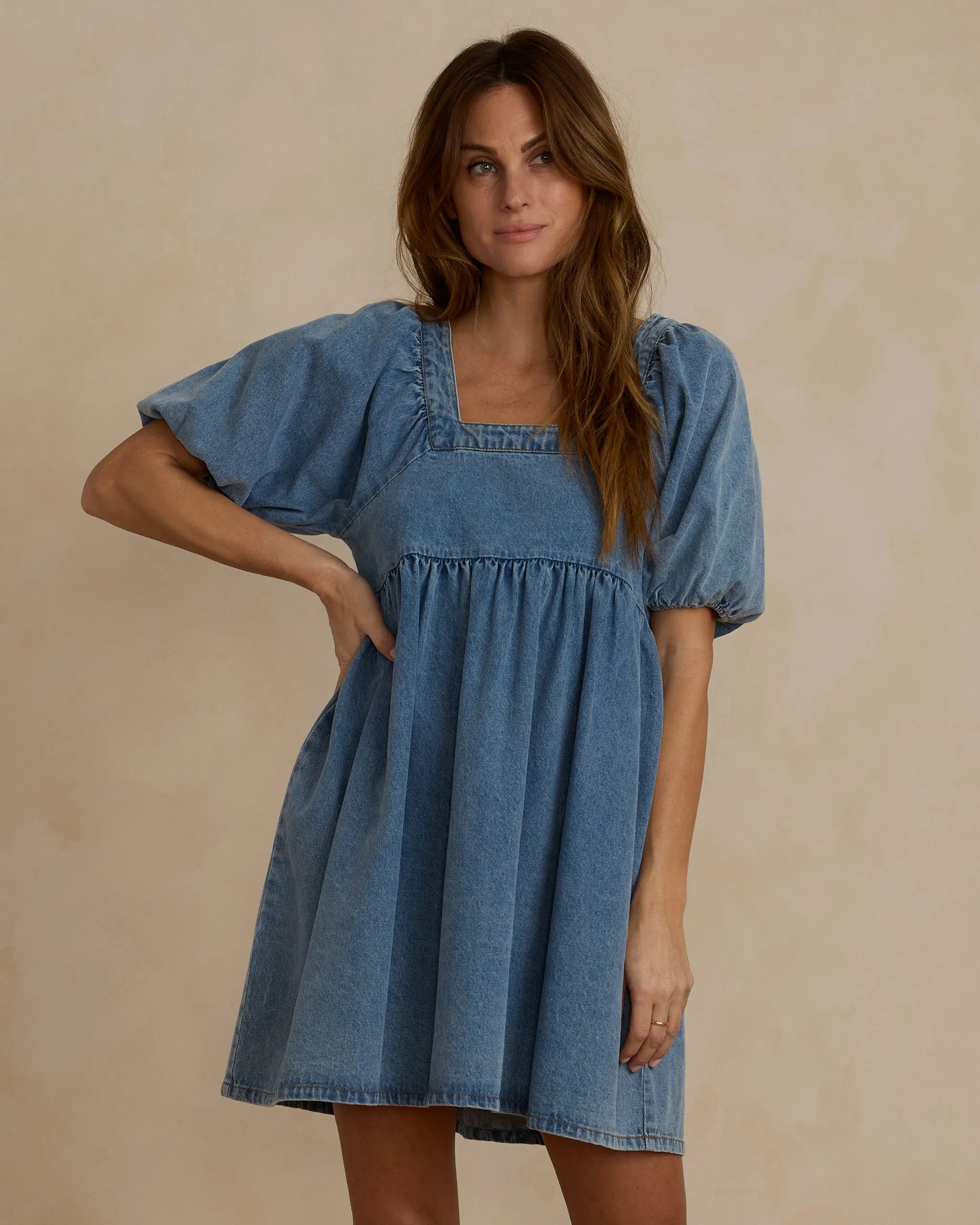 The Gretta Babydoll Dress by Rylee & Cru - Light Washed Denim