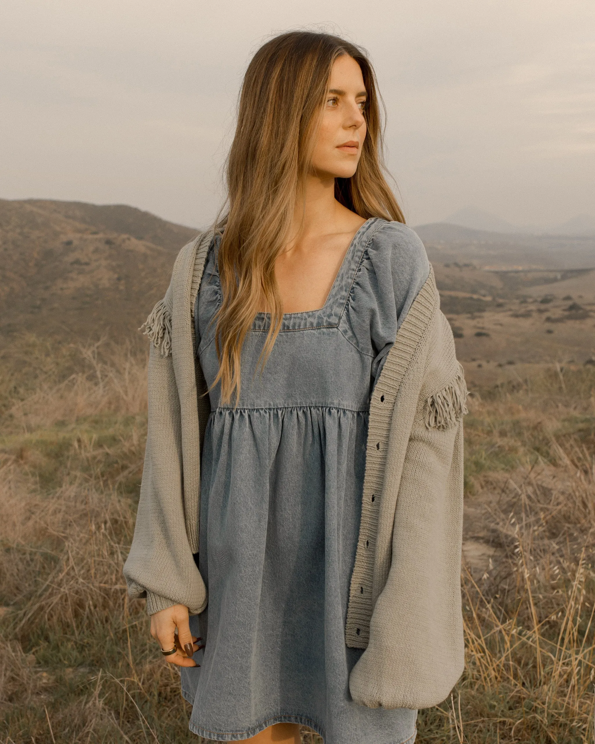 The Gretta Babydoll Dress by Rylee & Cru - Light Washed Denim