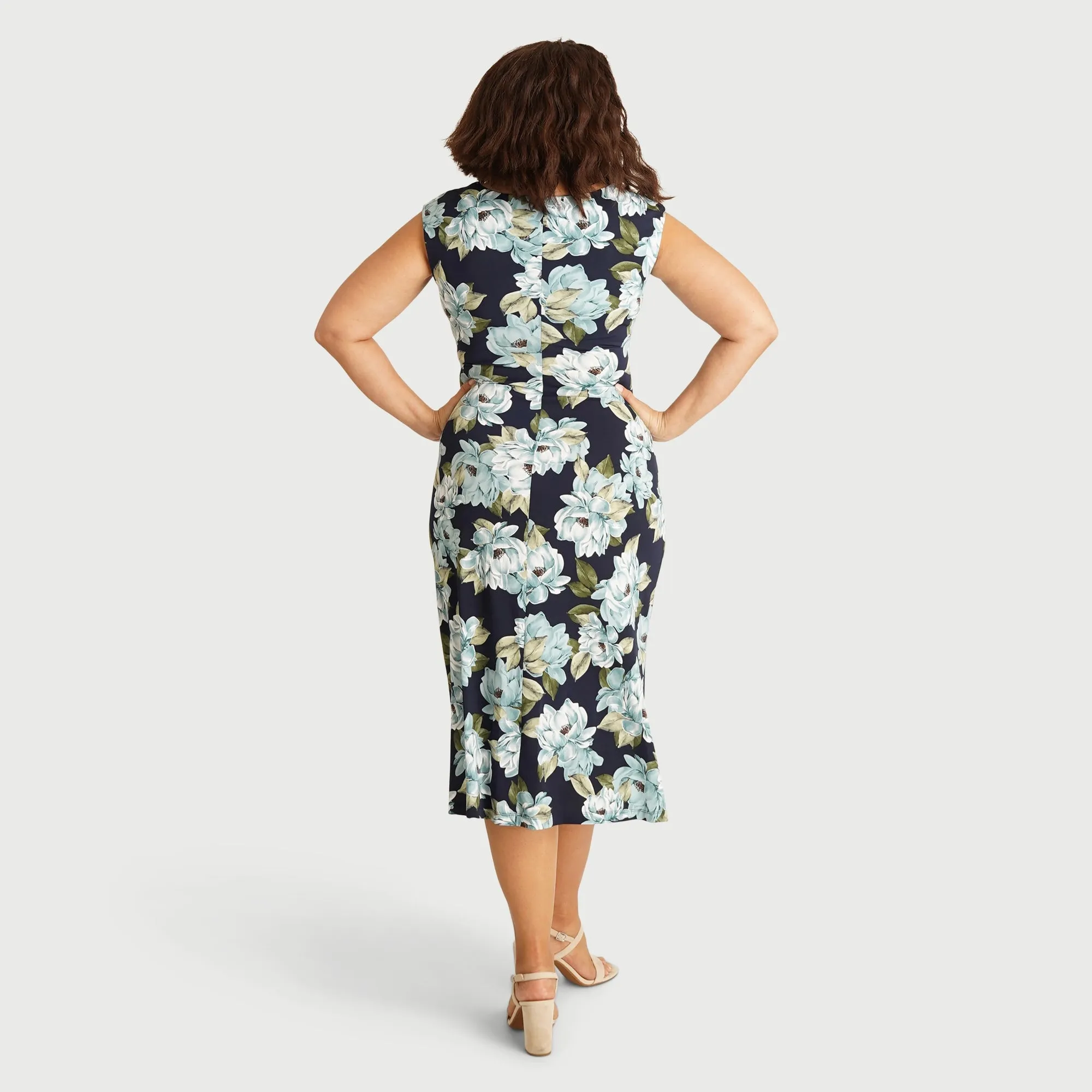 Tonya Aqua Floral Cowl Neck Midi Dress