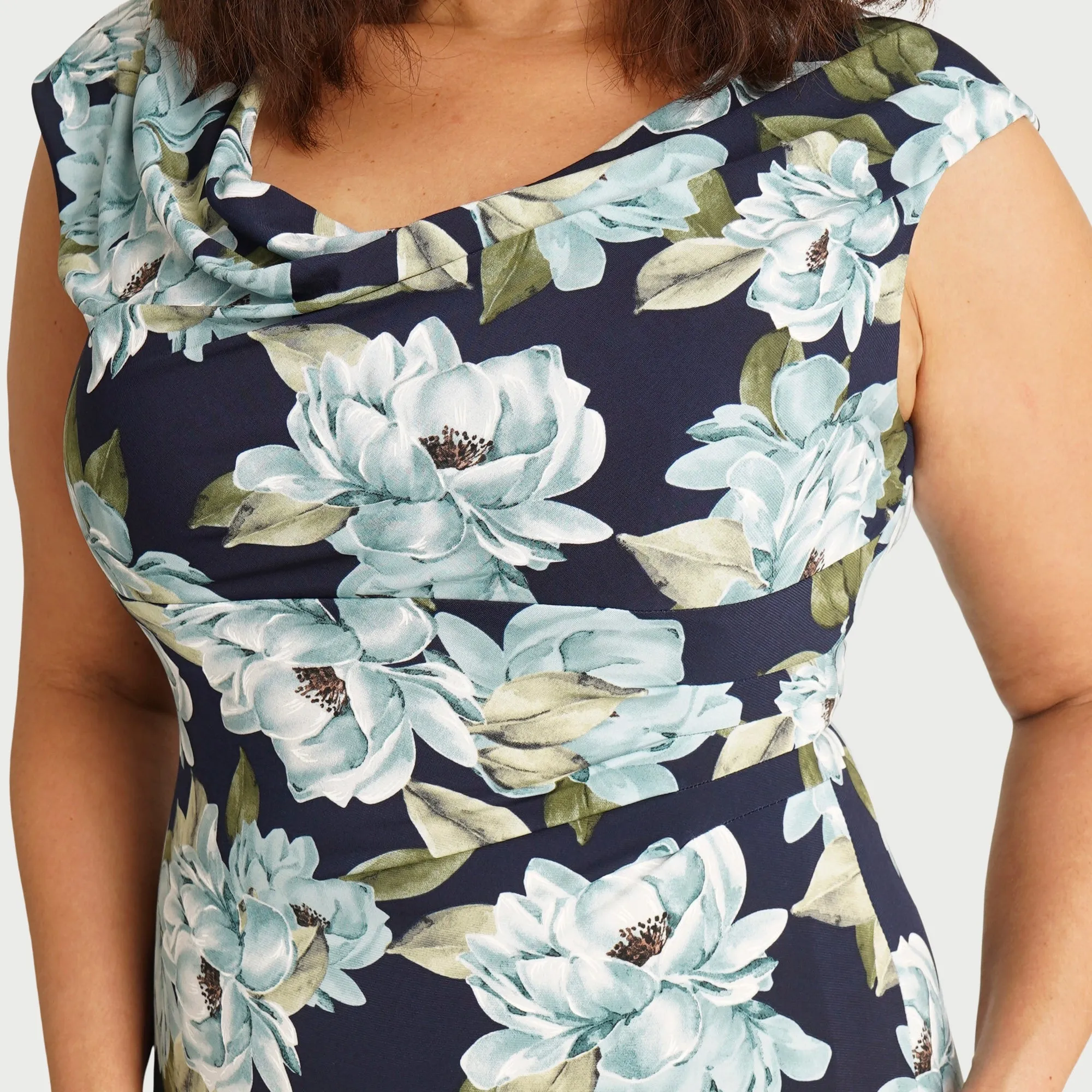 Tonya Aqua Floral Cowl Neck Midi Dress