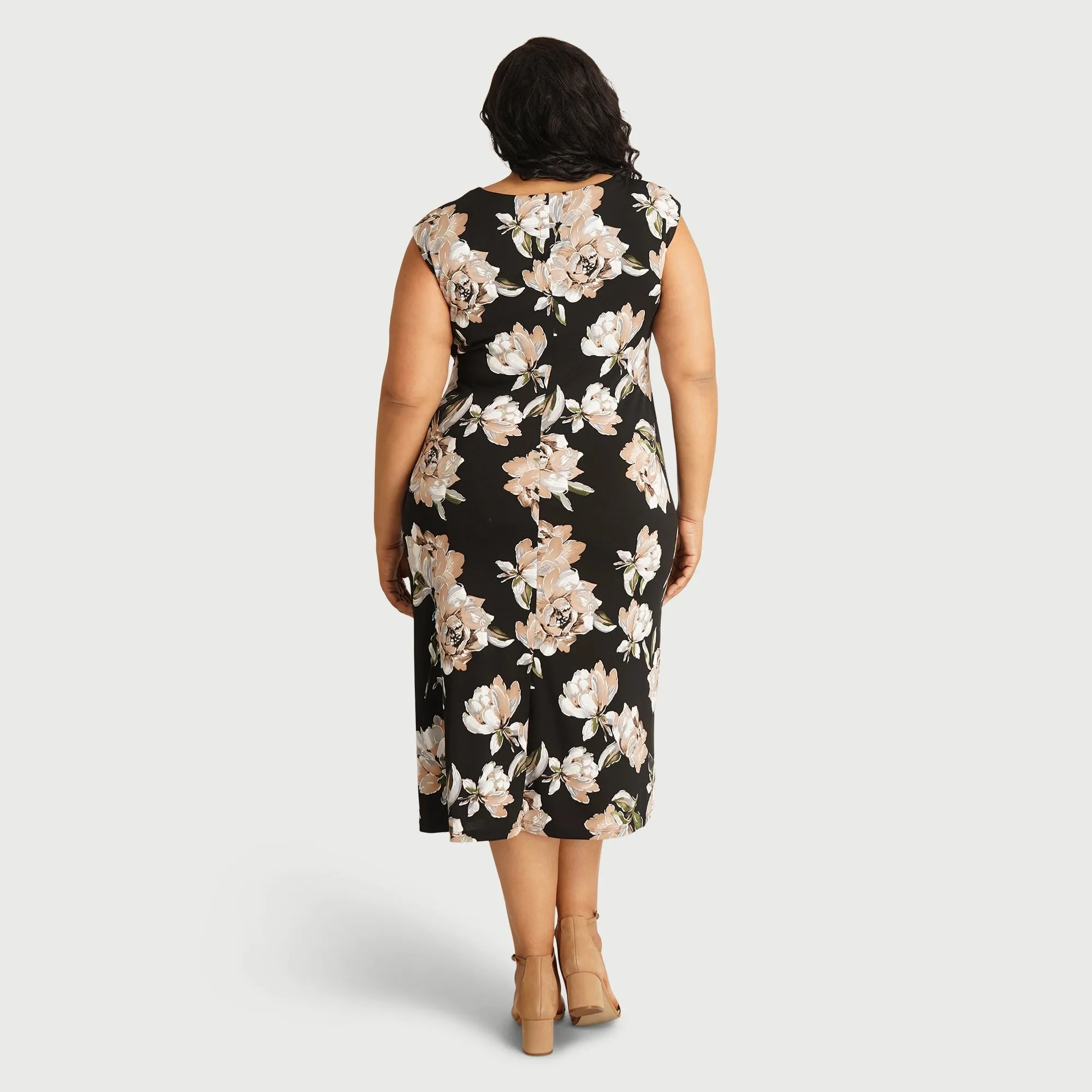 Tonya Taupe Floral Cowl Neck Midi Dress