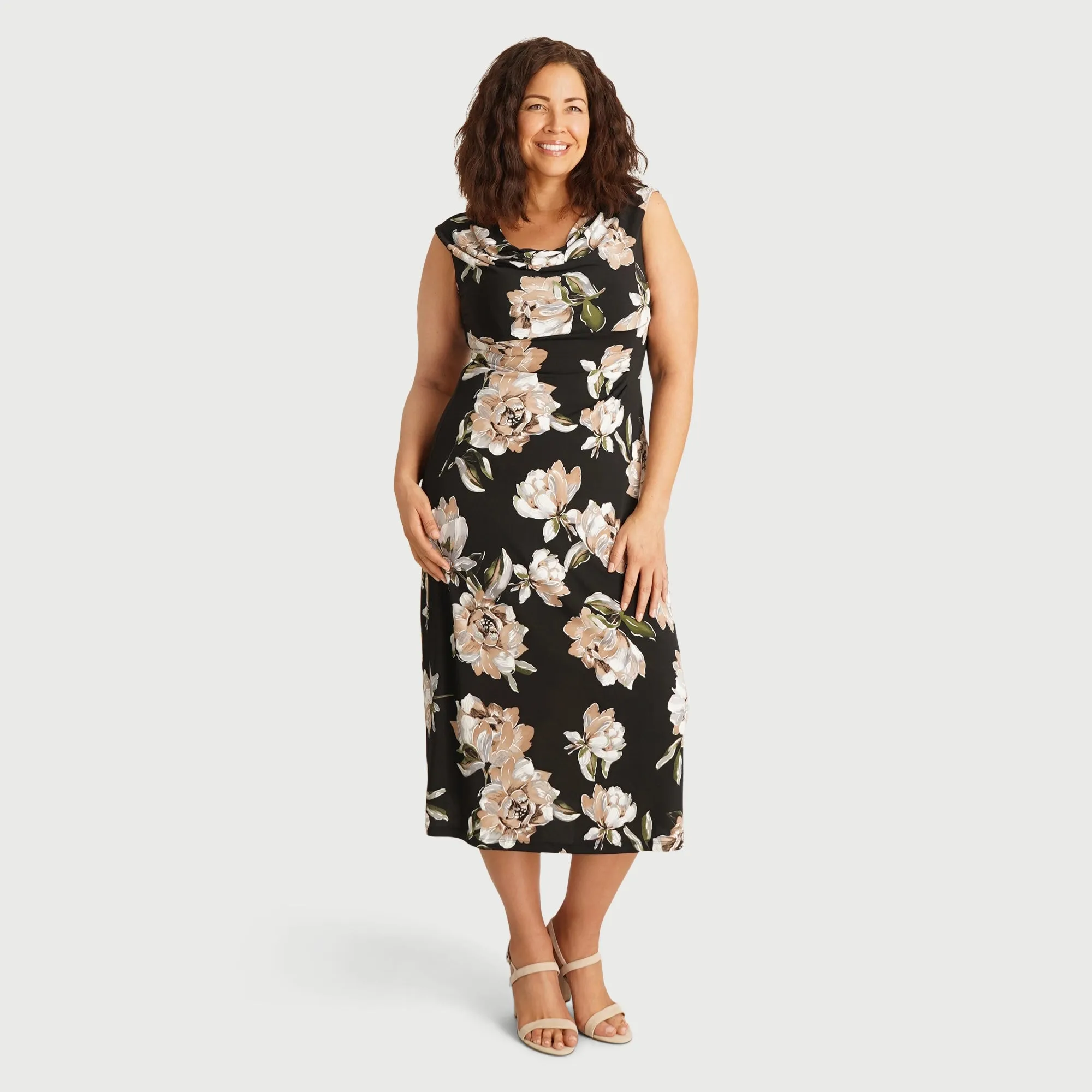 Tonya Taupe Floral Cowl Neck Midi Dress