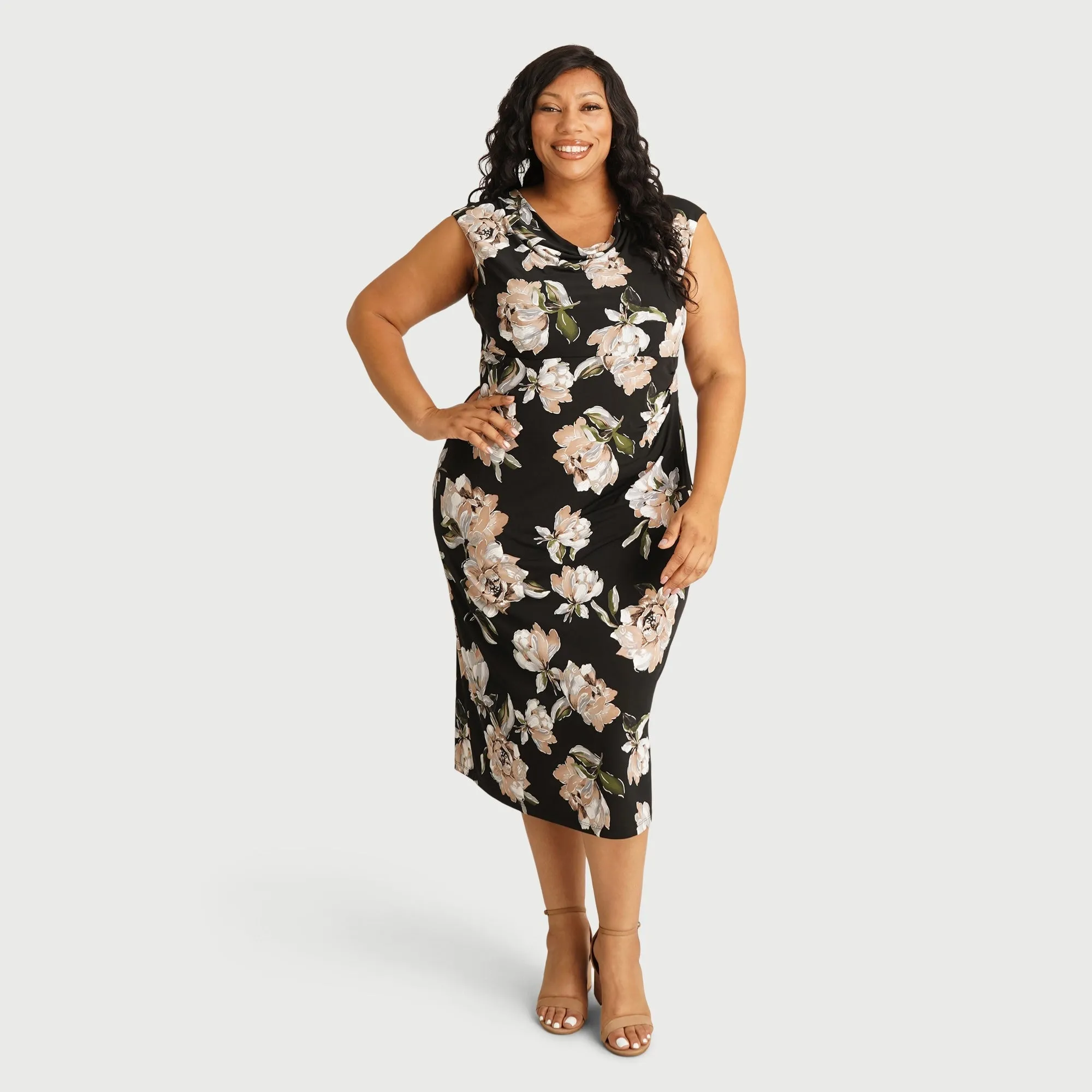 Tonya Taupe Floral Cowl Neck Midi Dress