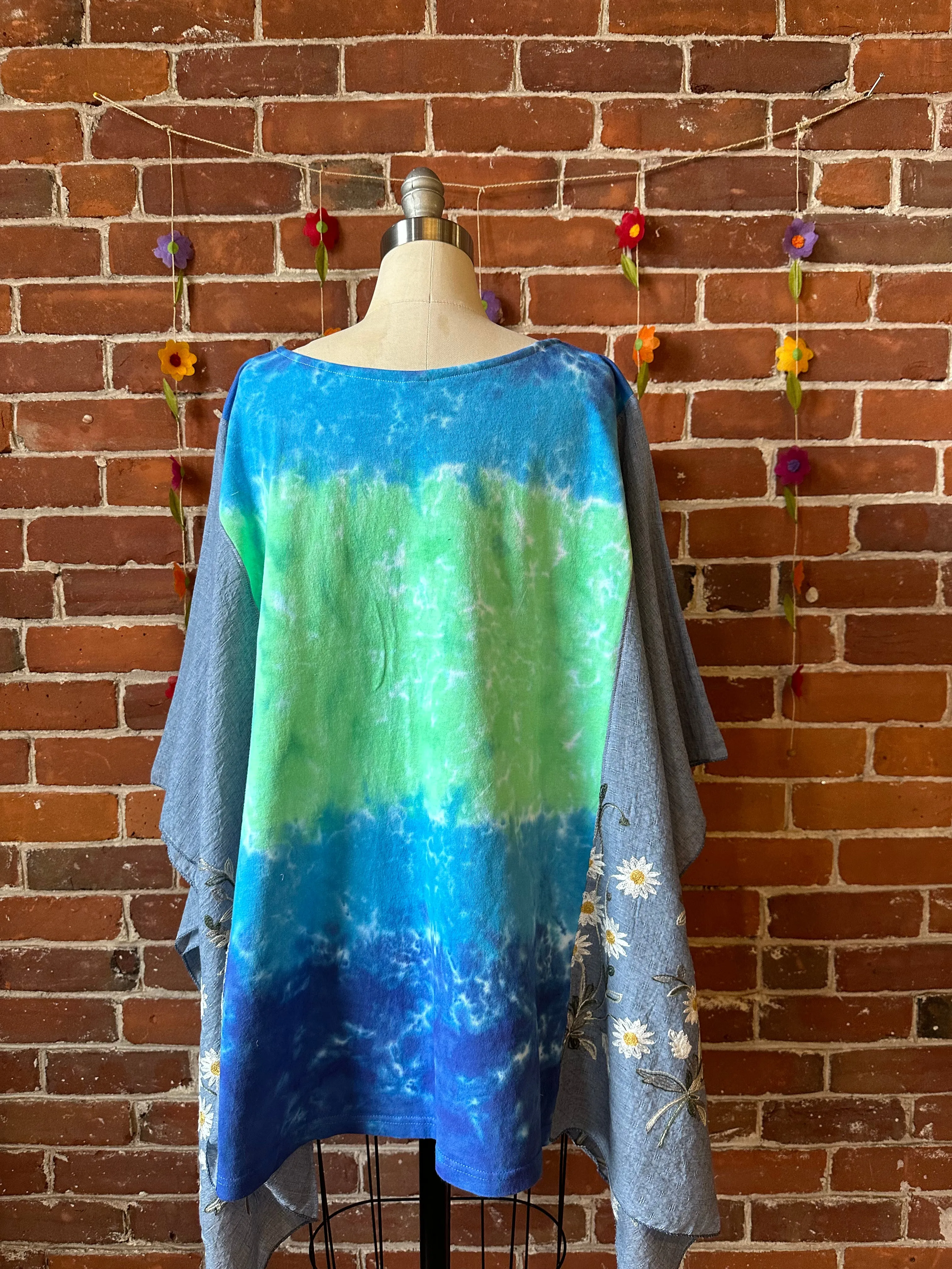 Upcycled Pink Floyd Inspired Watercolor Daisy Embroidered Poncho Top