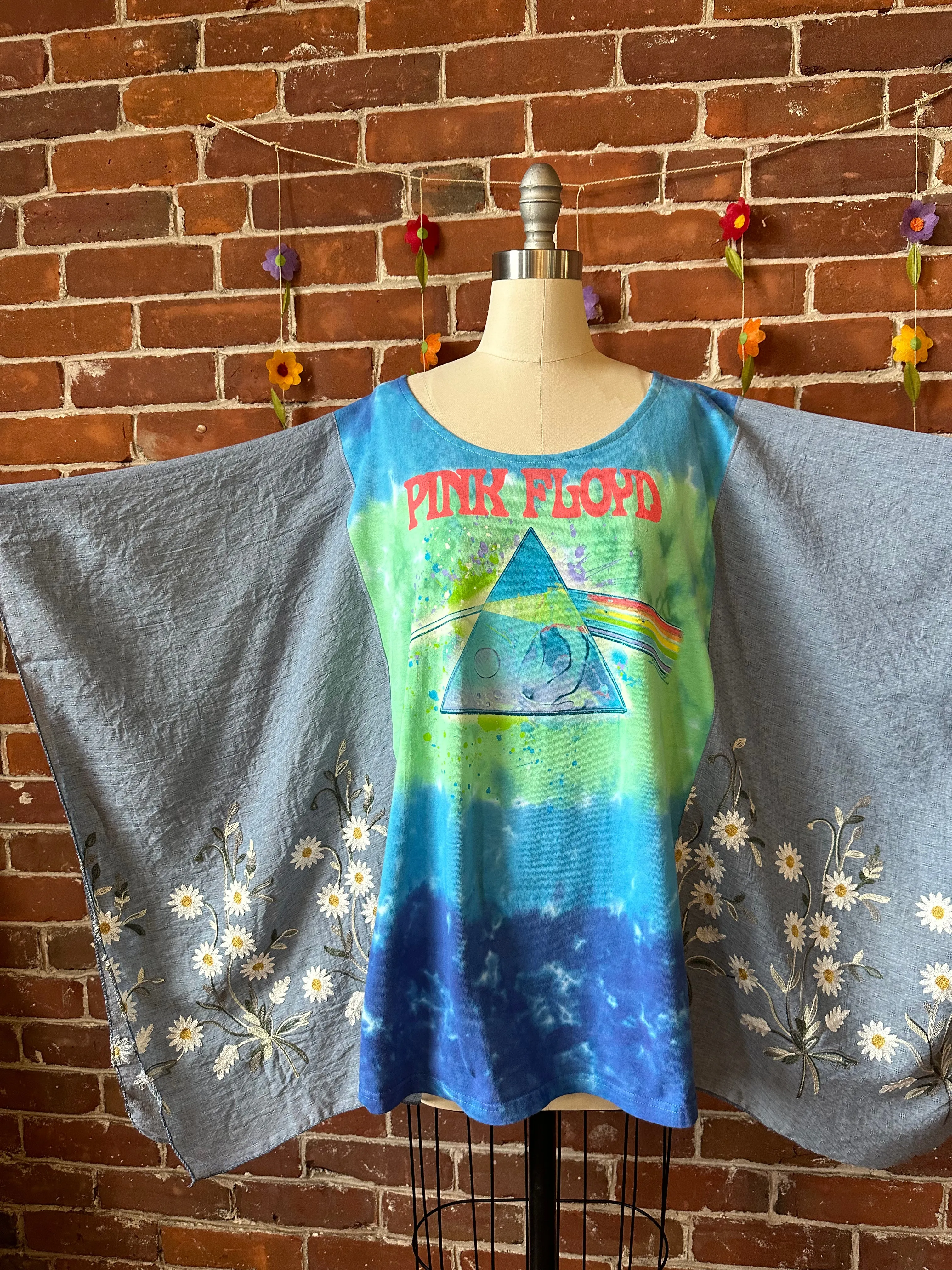 Upcycled Pink Floyd Inspired Watercolor Daisy Embroidered Poncho Top