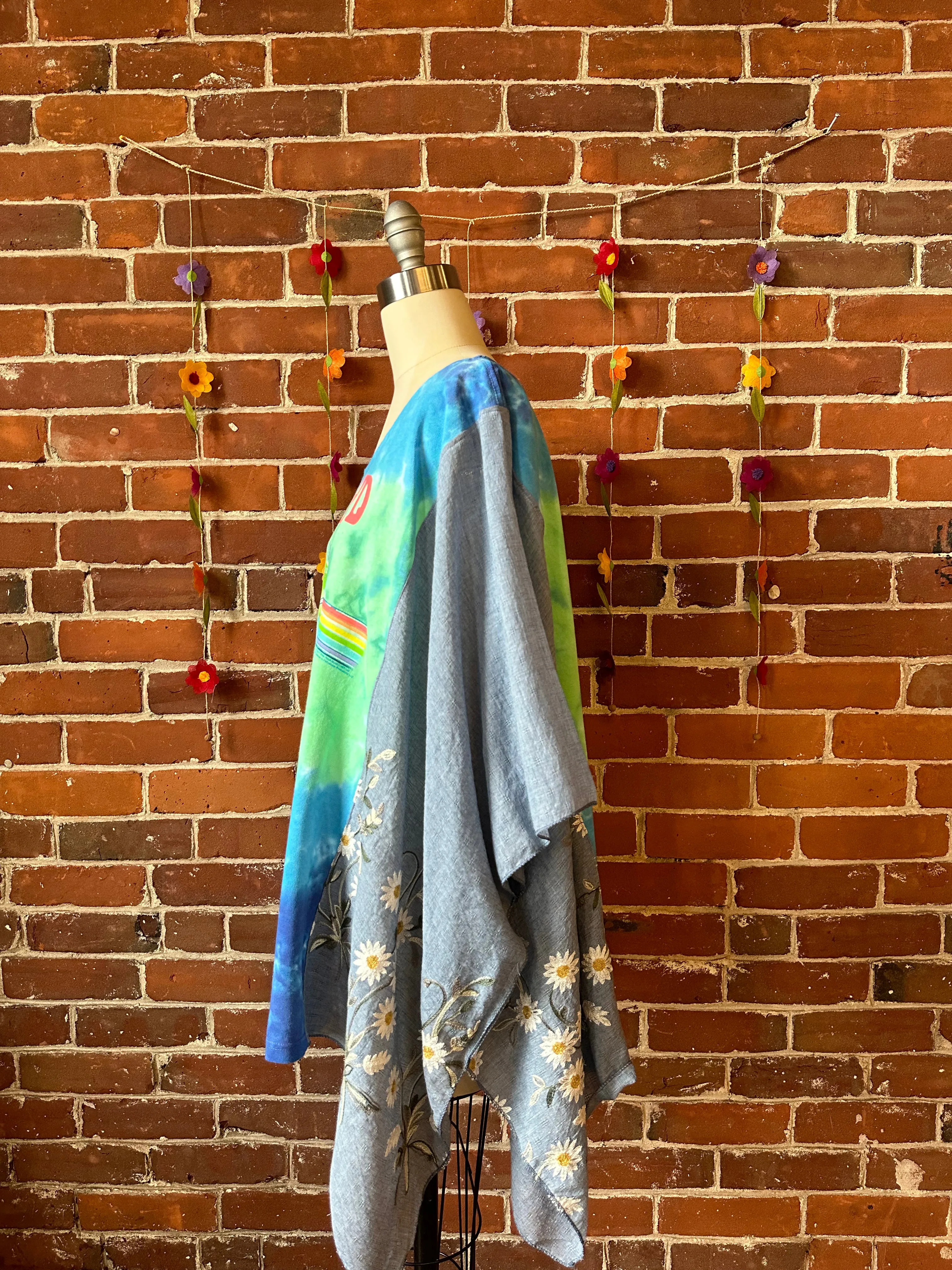 Upcycled Pink Floyd Inspired Watercolor Daisy Embroidered Poncho Top