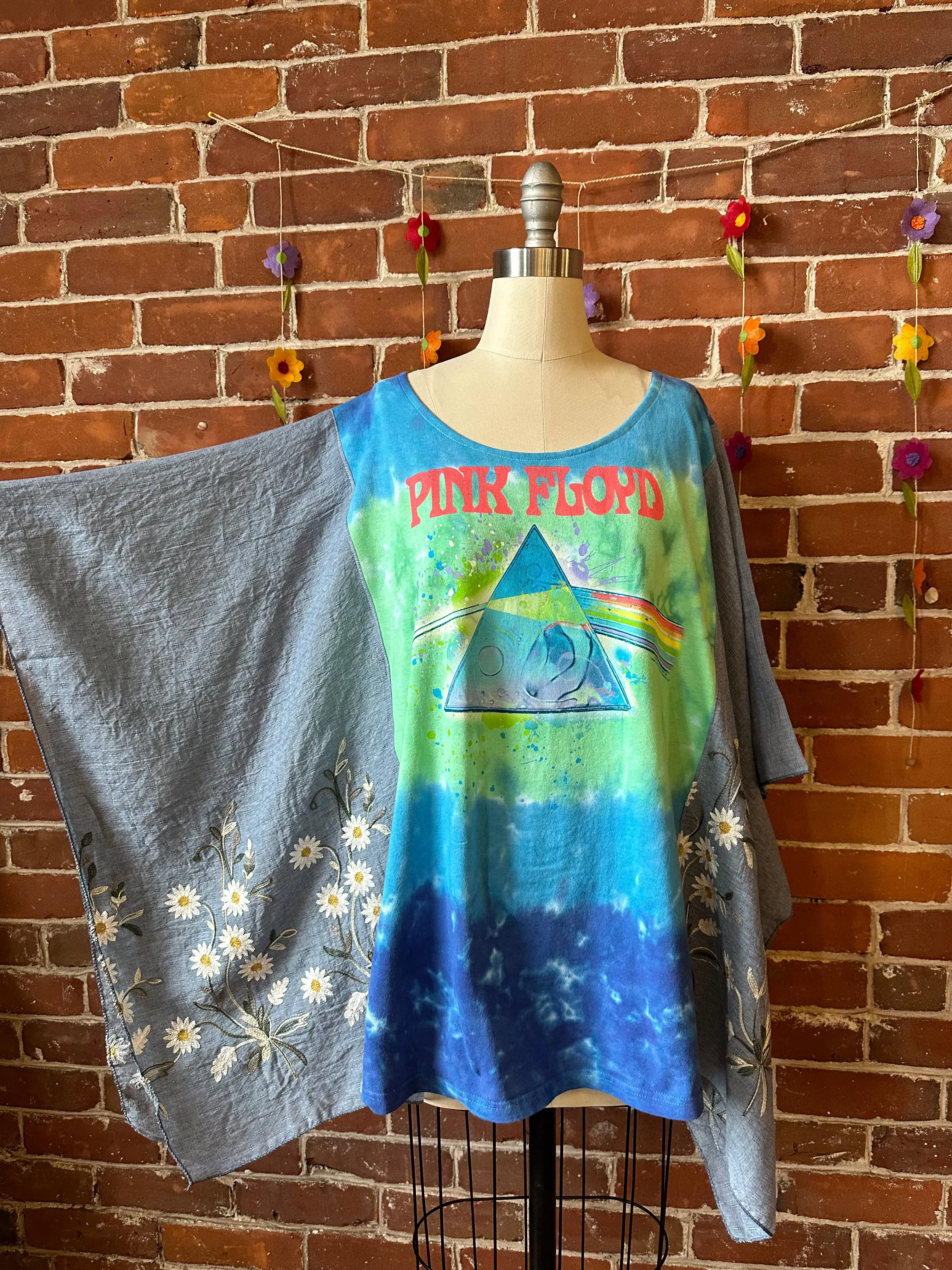 Upcycled Pink Floyd Inspired Watercolor Daisy Embroidered Poncho Top