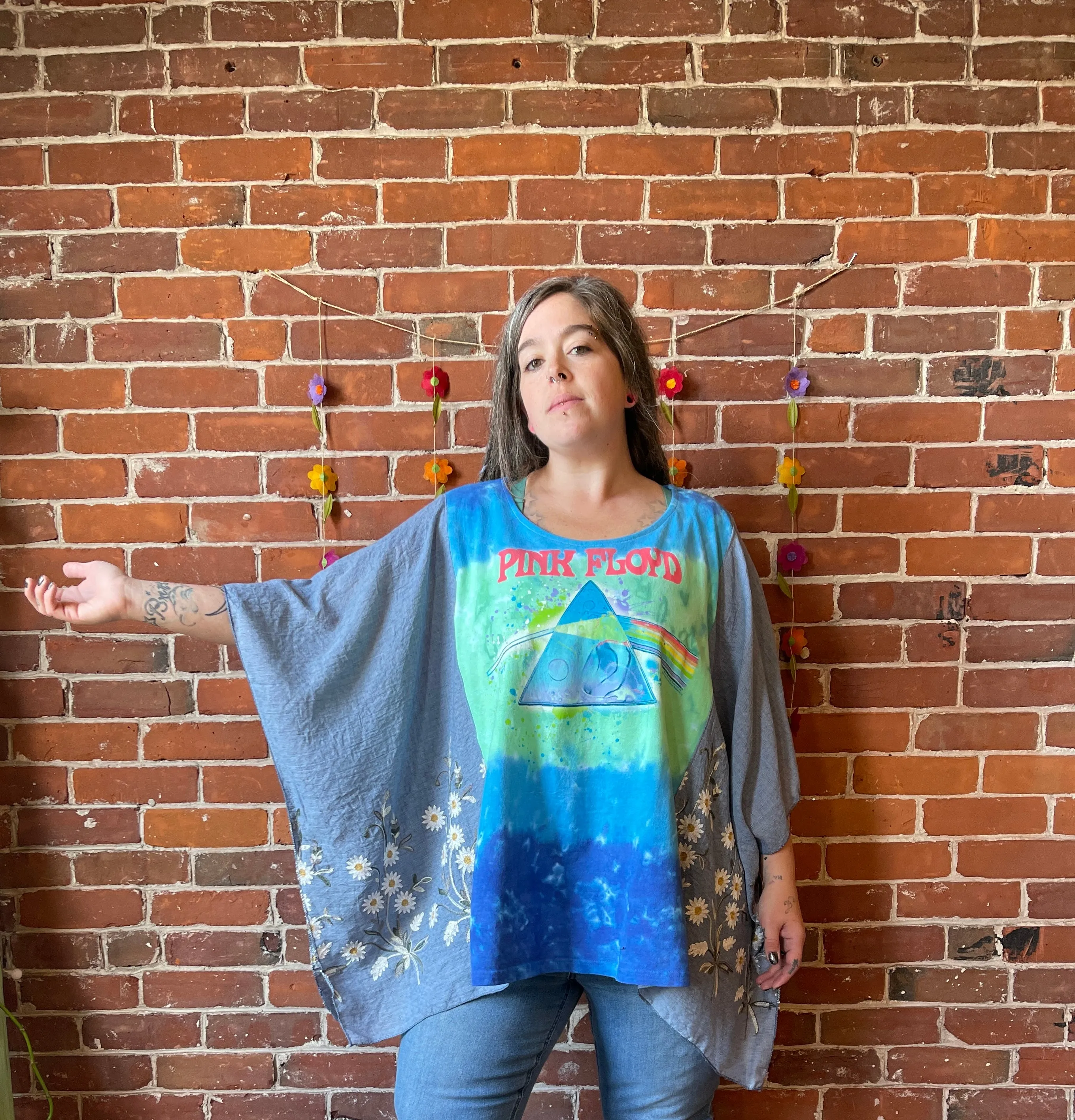 Upcycled Pink Floyd Inspired Watercolor Daisy Embroidered Poncho Top