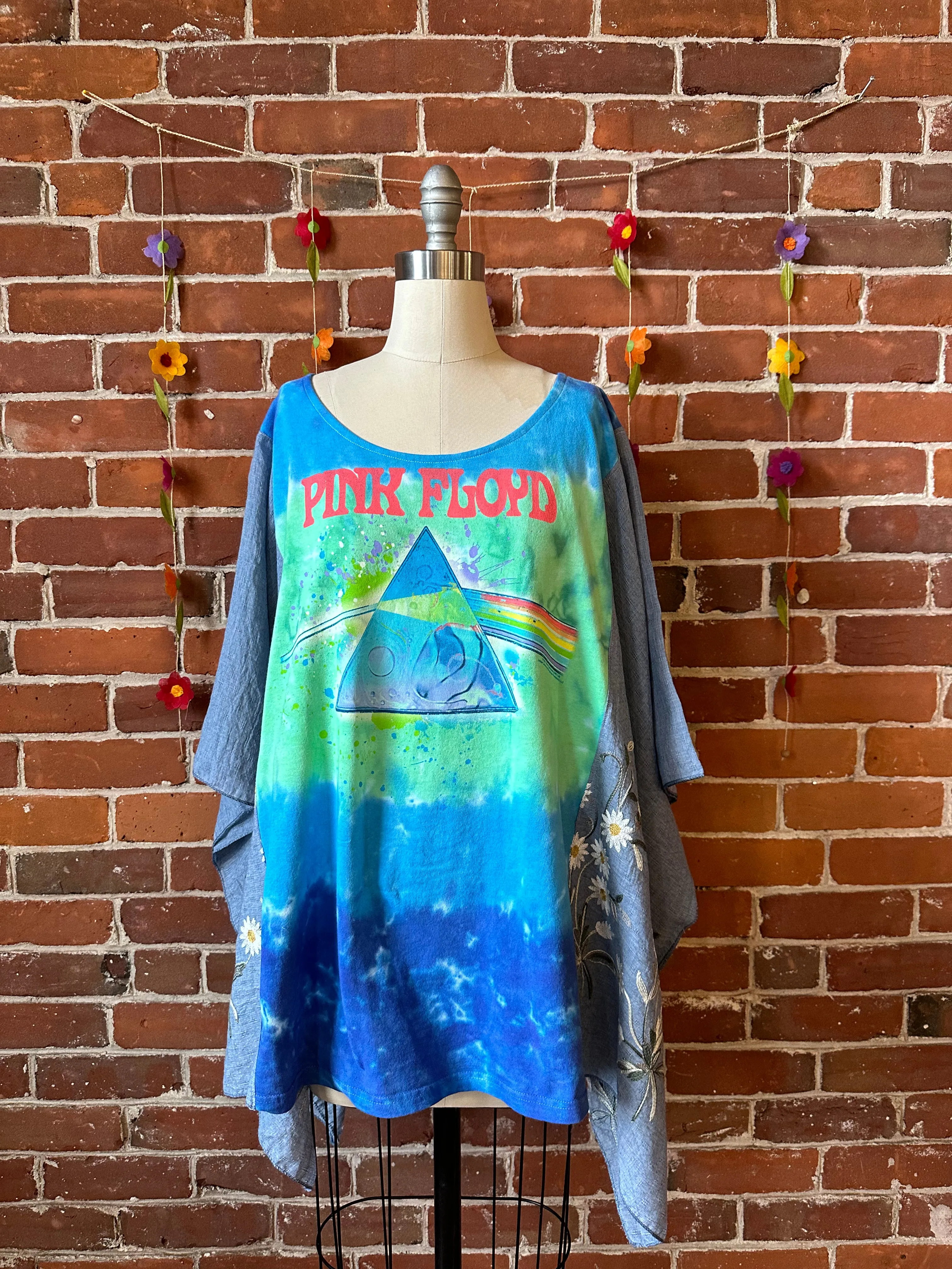 Upcycled Pink Floyd Inspired Watercolor Daisy Embroidered Poncho Top