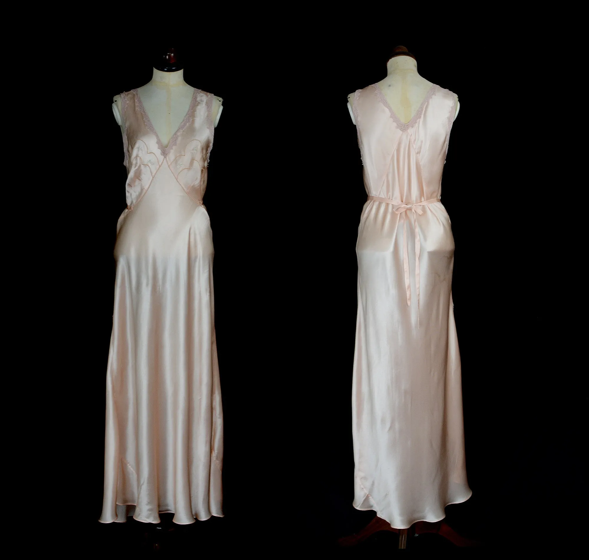 Vintage 1930s Peach Pink Satin Bias Cut Slip Dress