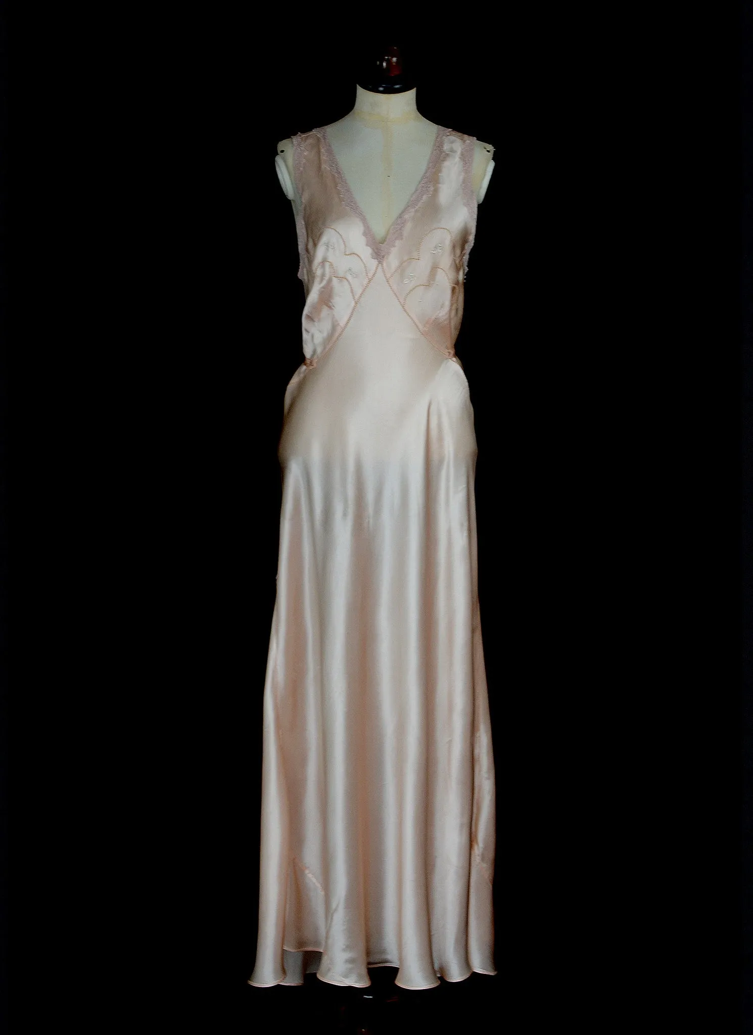 Vintage 1930s Peach Pink Satin Bias Cut Slip Dress