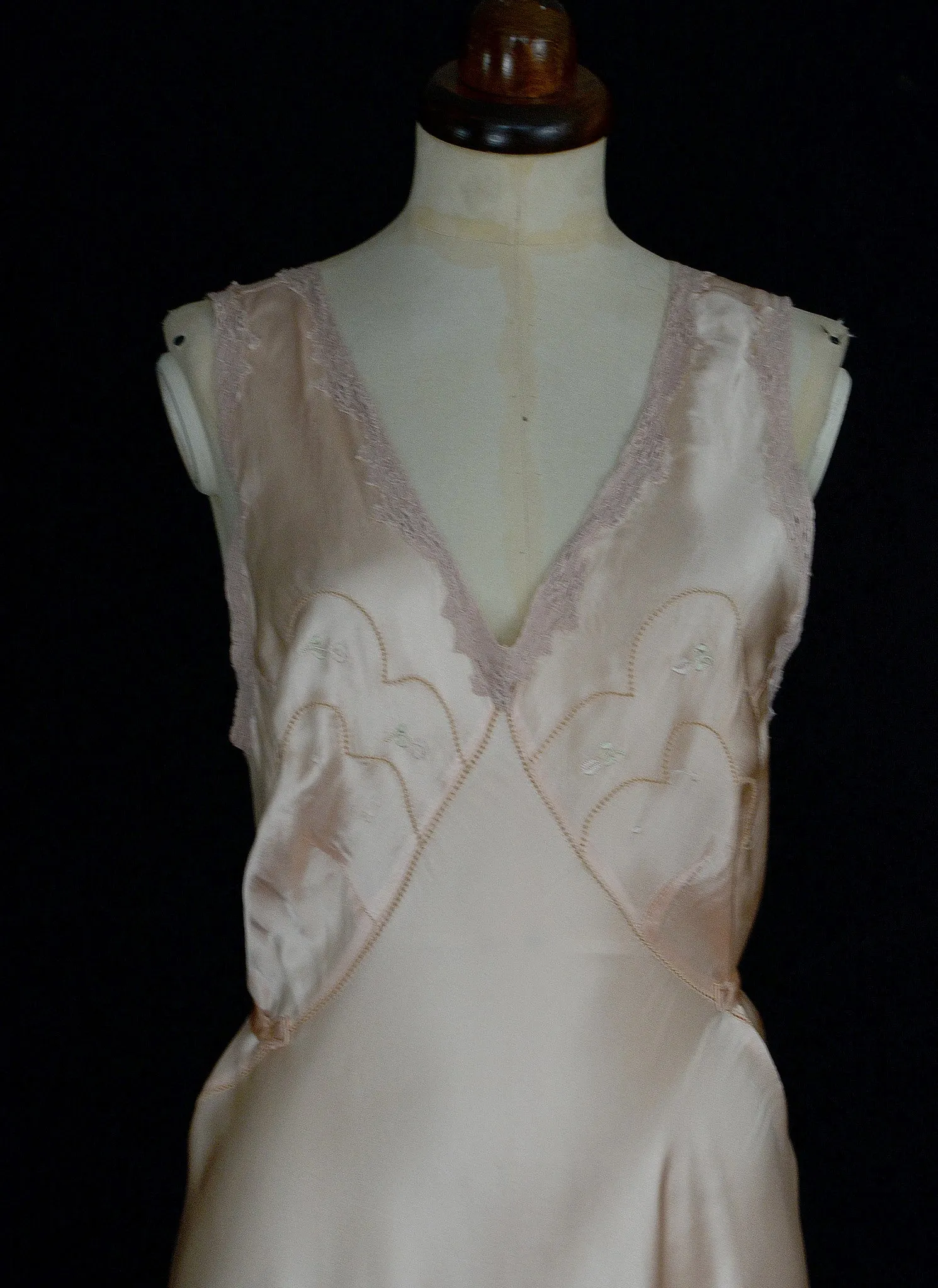 Vintage 1930s Peach Pink Satin Bias Cut Slip Dress