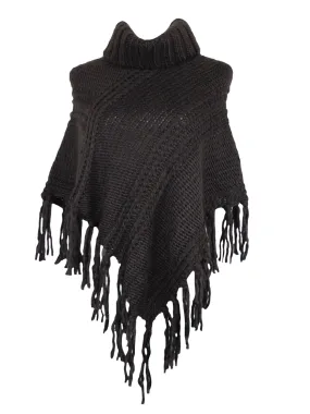 Vintage 2000s Y2K Bohemian Hippie Turtleneck Mockneck Black Crocheted Knit Solid Basic Shawl Poncho