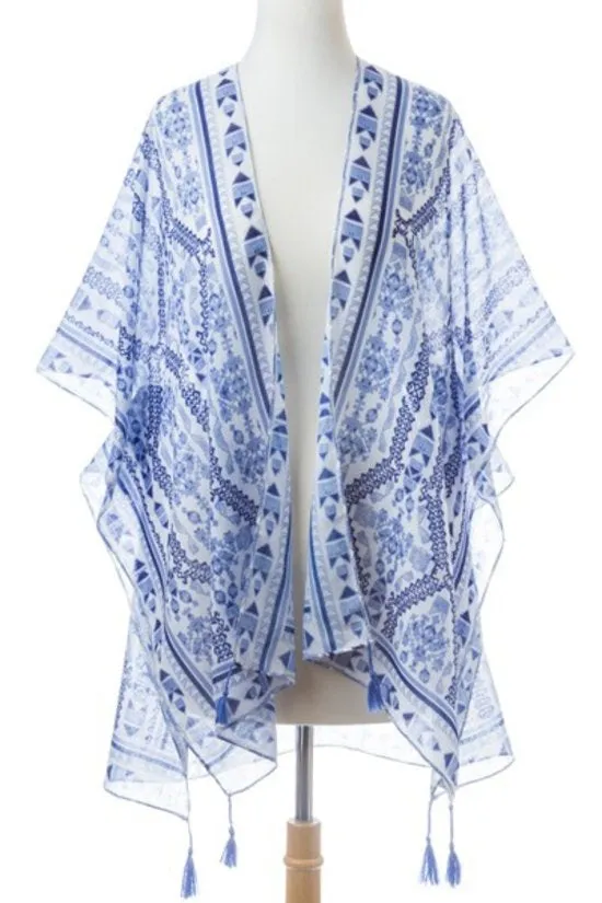 Western Aztec Print Blue Poncho