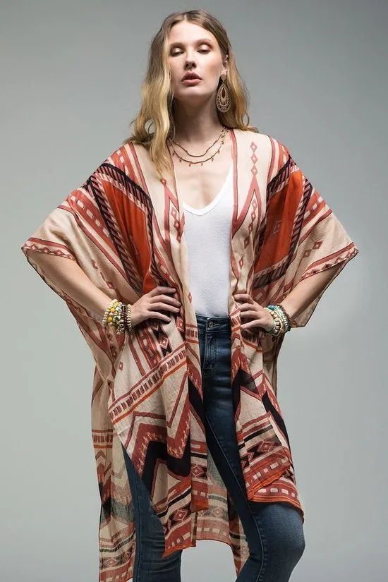 Western Aztec Rust Print Kimono