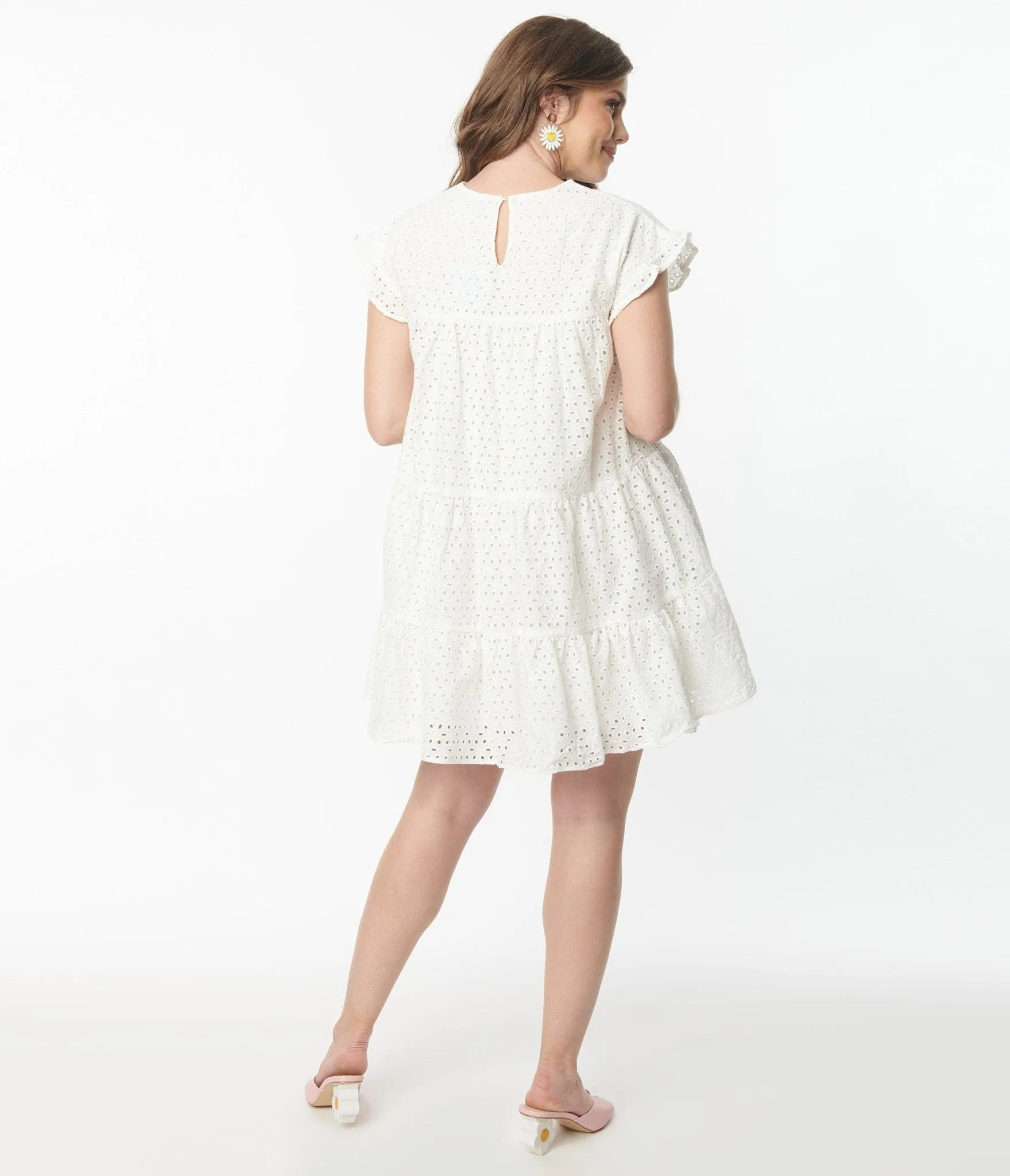 White Flutter Sleeve Eyelet Dress