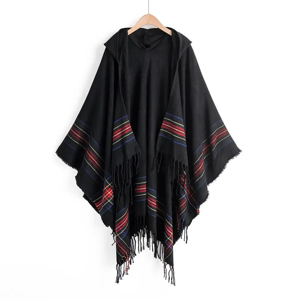 Wiaofellas  -  Autumn New Women Cape Coat Cashmere Fringe Poncho Oblique Stripe Vintage Cloak Coat Bohemian Shawl Hooded Shawl Man Streetwear