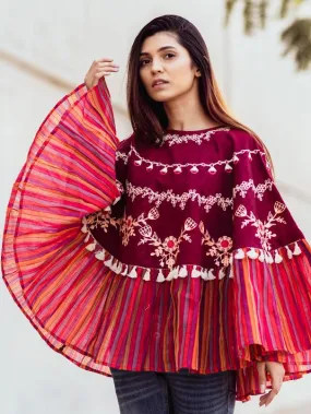 Wine Stripe frilled Khadi Poncho