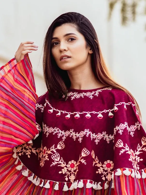 Wine Stripe frilled Khadi Poncho