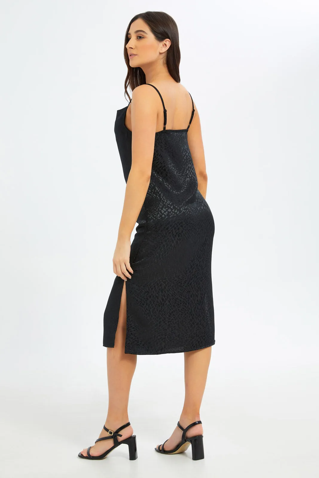 Women Black Jacquard Satin Slip Dress