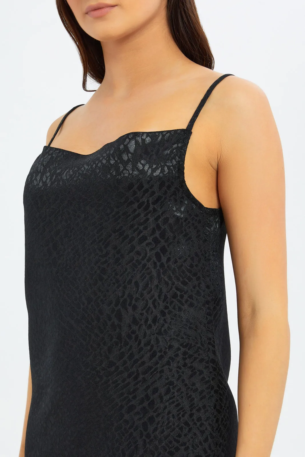 Women Black Jacquard Satin Slip Dress