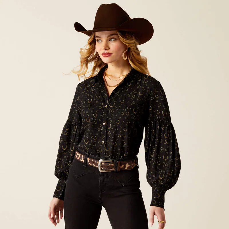 Women's Ariat Blinged Out Top-GOLDEN HORSESHOES PRINT