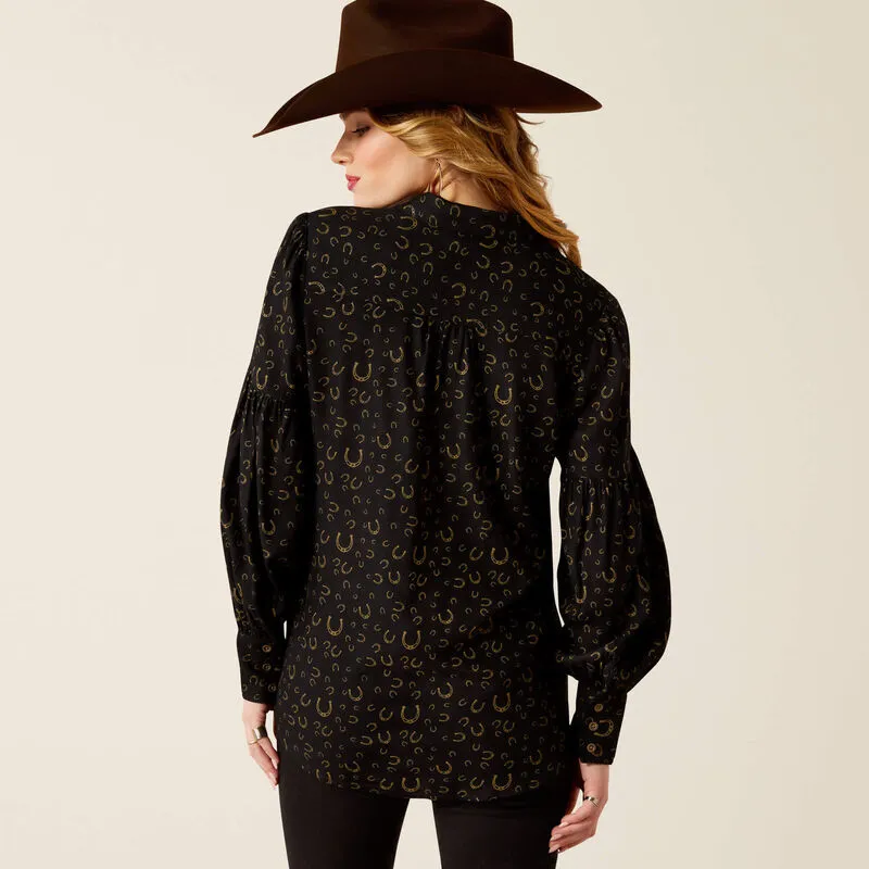 Women's Ariat Blinged Out Top-GOLDEN HORSESHOES PRINT