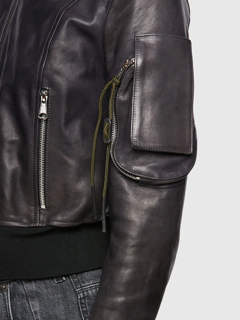 Women's Black Leather Bomber Jacket With Arm Pocket