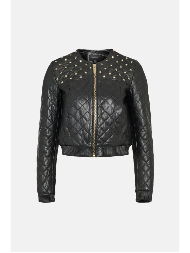 Women's Black Leather Studded Bomber Jacket