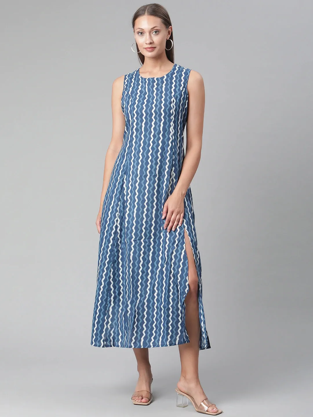 Women'S Blue Cotton Long Dress