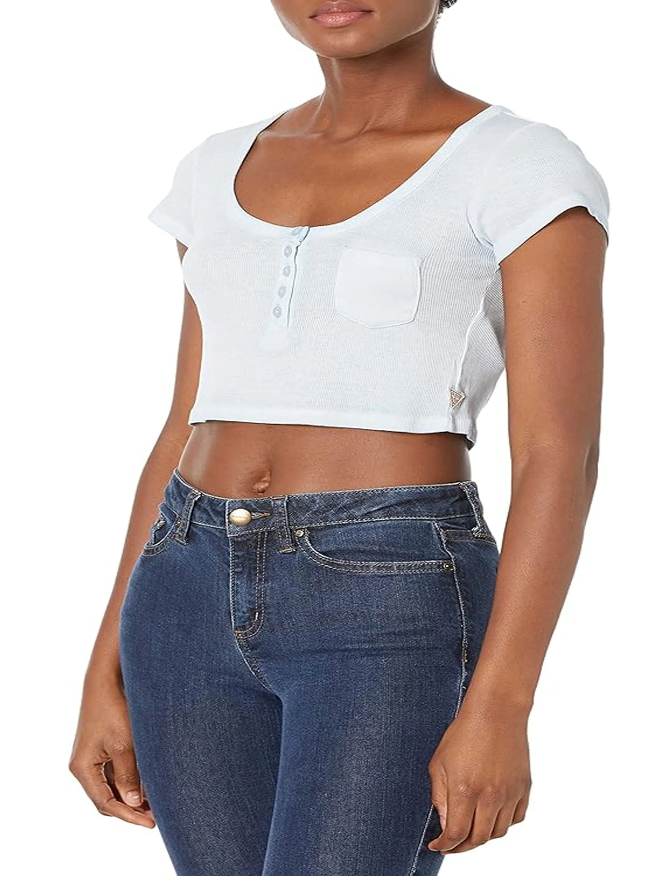 Women's Ribbed Cropped Henley Top,Light Blue