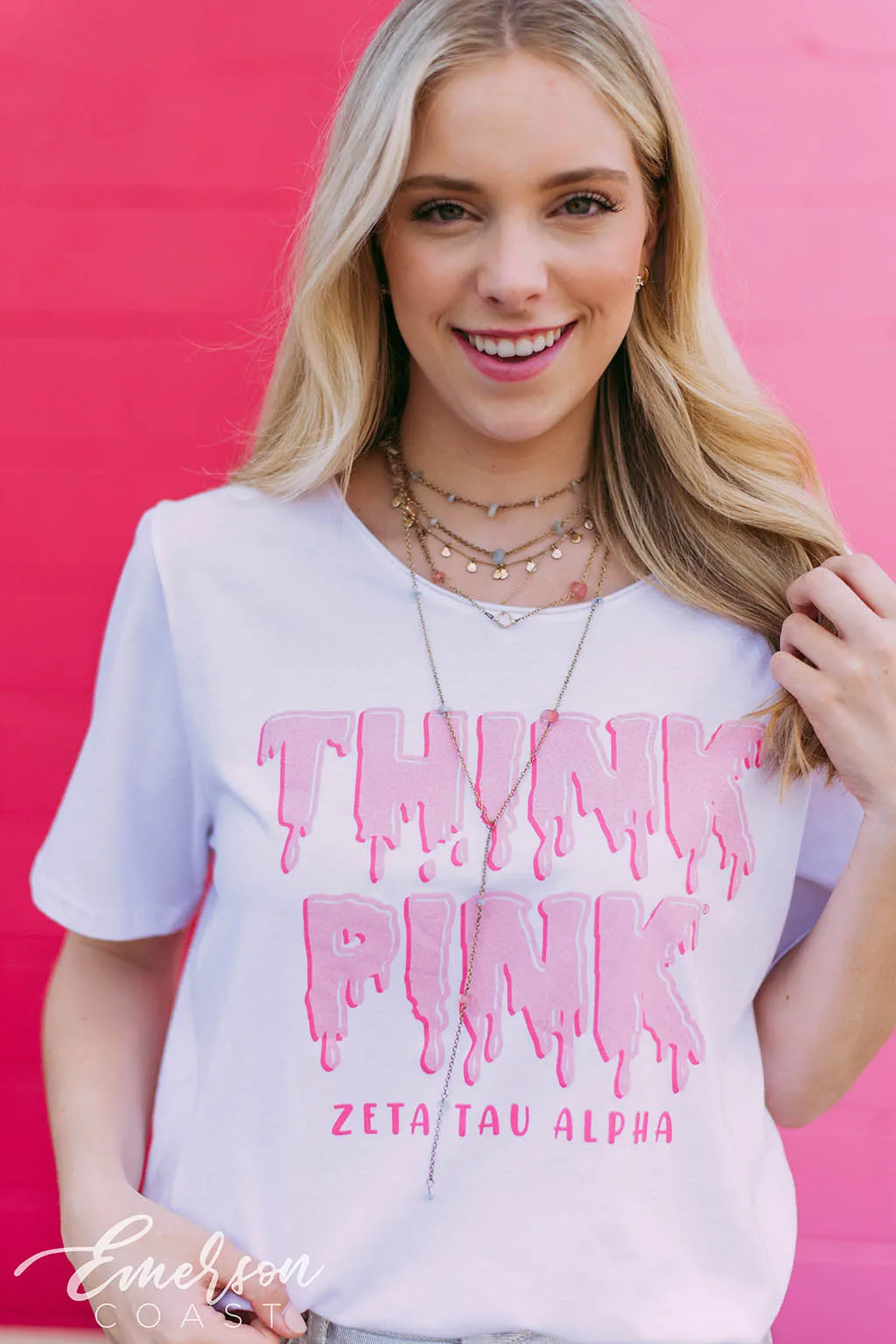 Zeta Tau Alpha Drip Letters Think Pink Philanthropy T-shirt