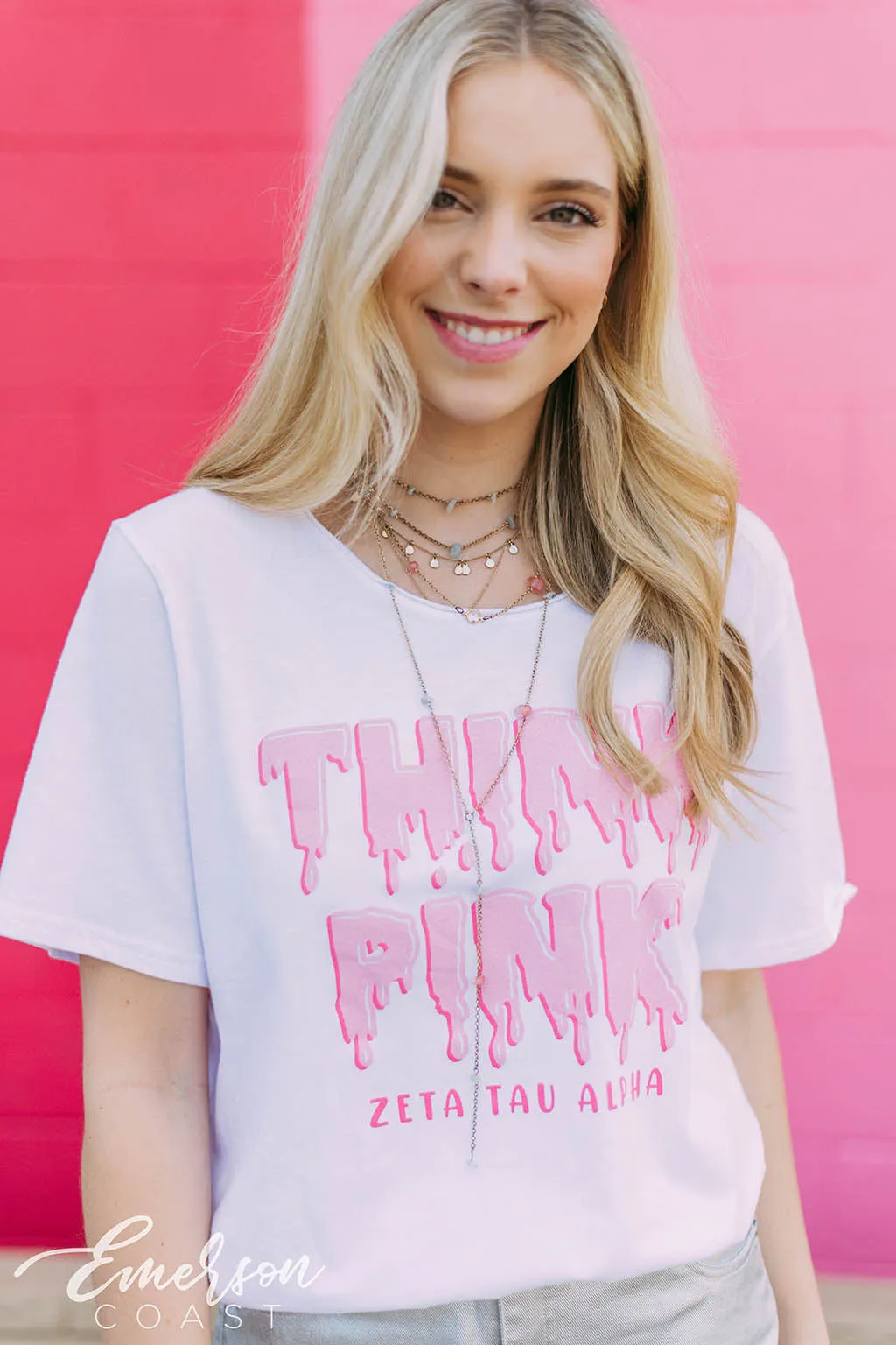 Zeta Tau Alpha Drip Letters Think Pink Philanthropy T-shirt